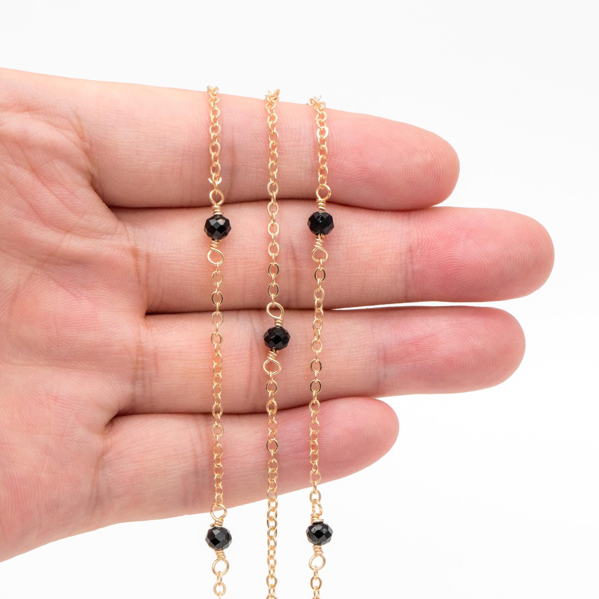 Glass Beaded Chain, 18K Gold plated Brass, 2mm Cable Chain with 4.5mm Black Glass Beads (#LK-618)/ 1 Meter=3.3ft